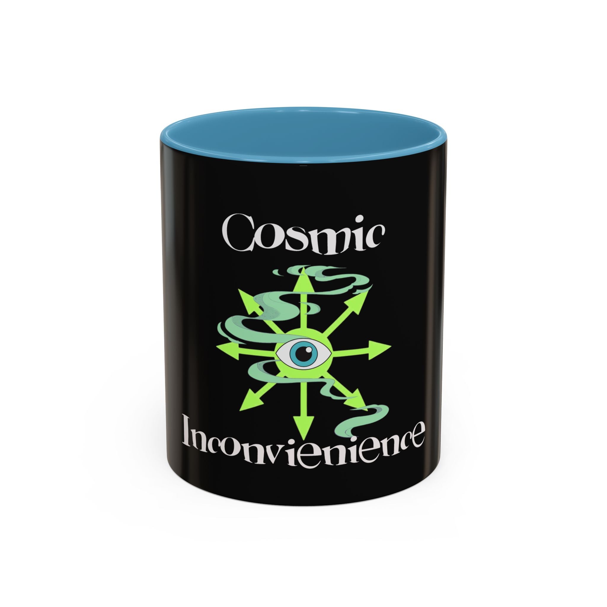 Cosmic Inconvenience Black Accent Coffee Mug — Mystical Eye Graphic (11/15oz)