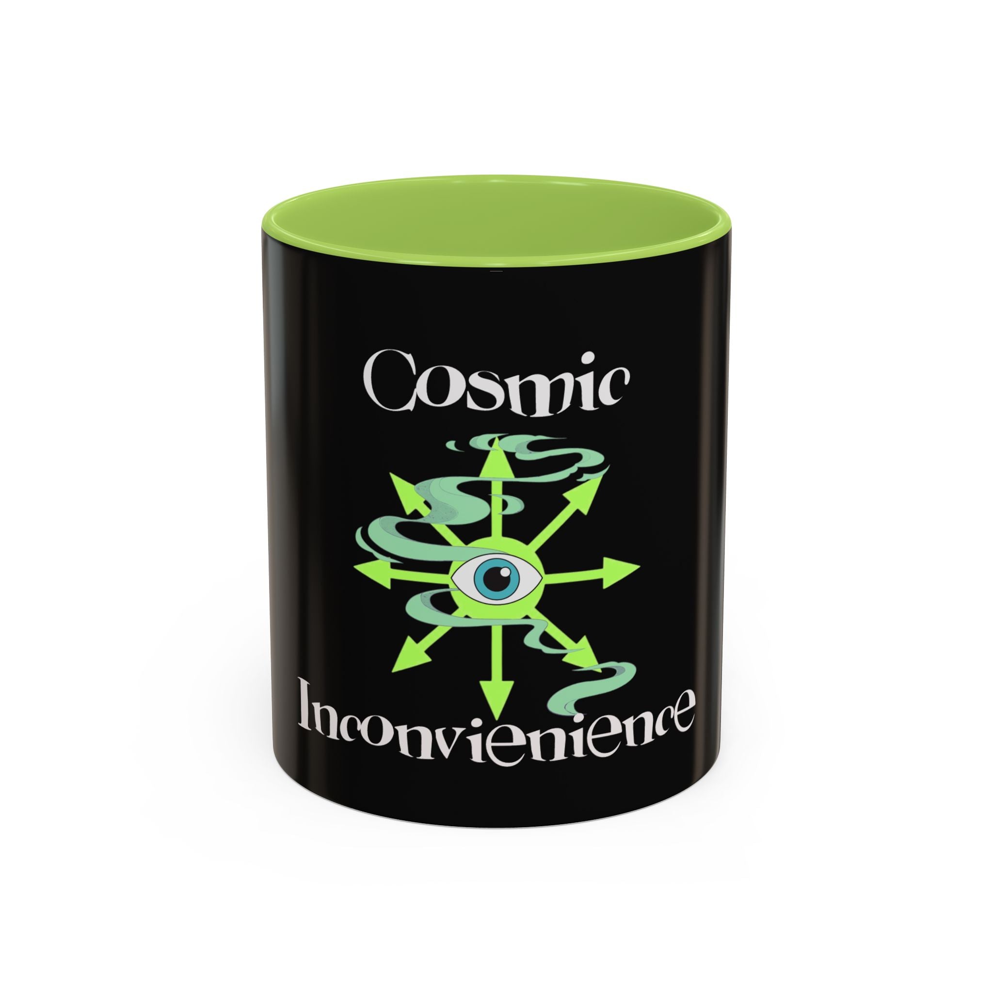 Cosmic Inconvenience Black Accent Coffee Mug — Mystical Eye Graphic (11/15oz)