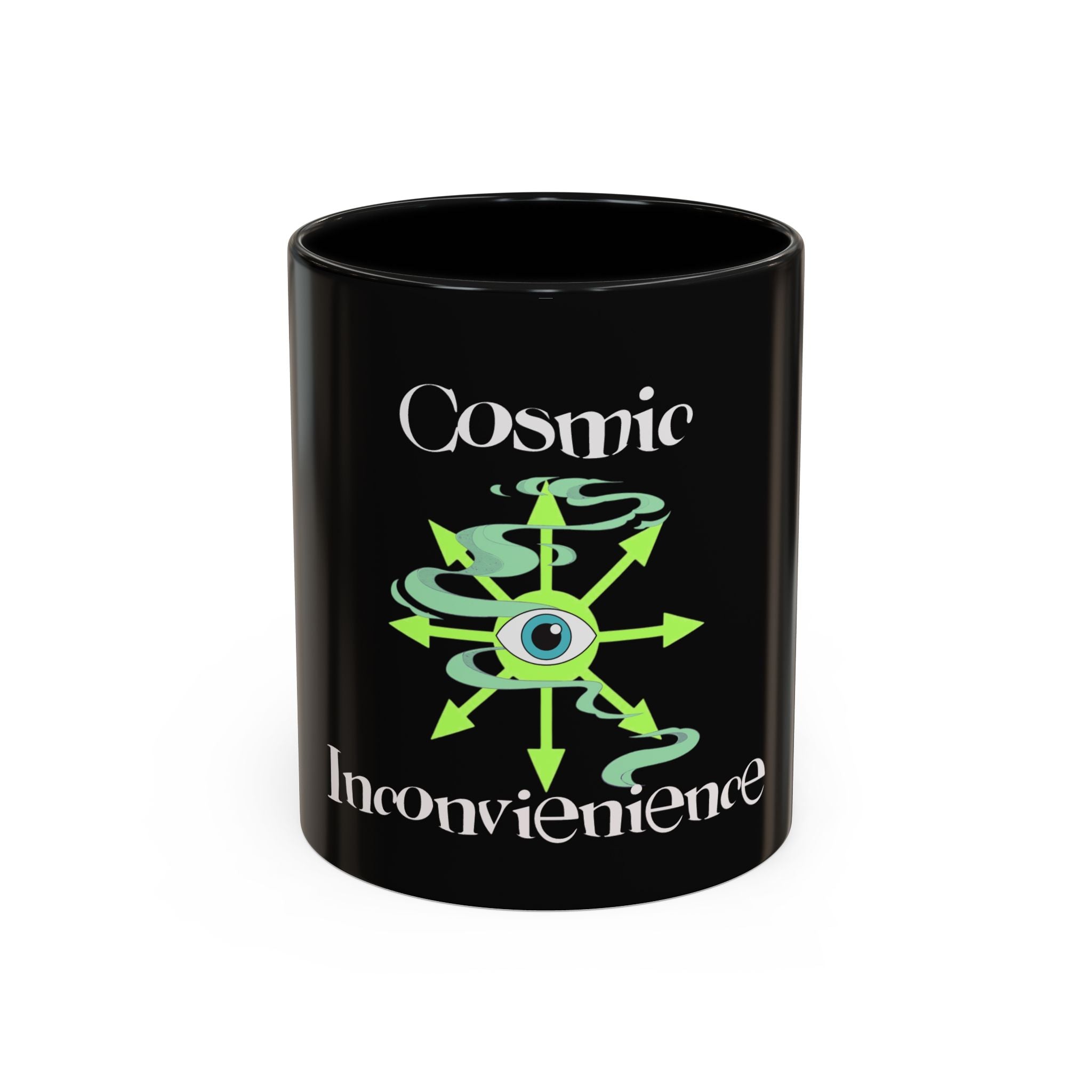 Cosmic Inconvenience Black Accent Coffee Mug — Mystical Eye Graphic (11/15oz)