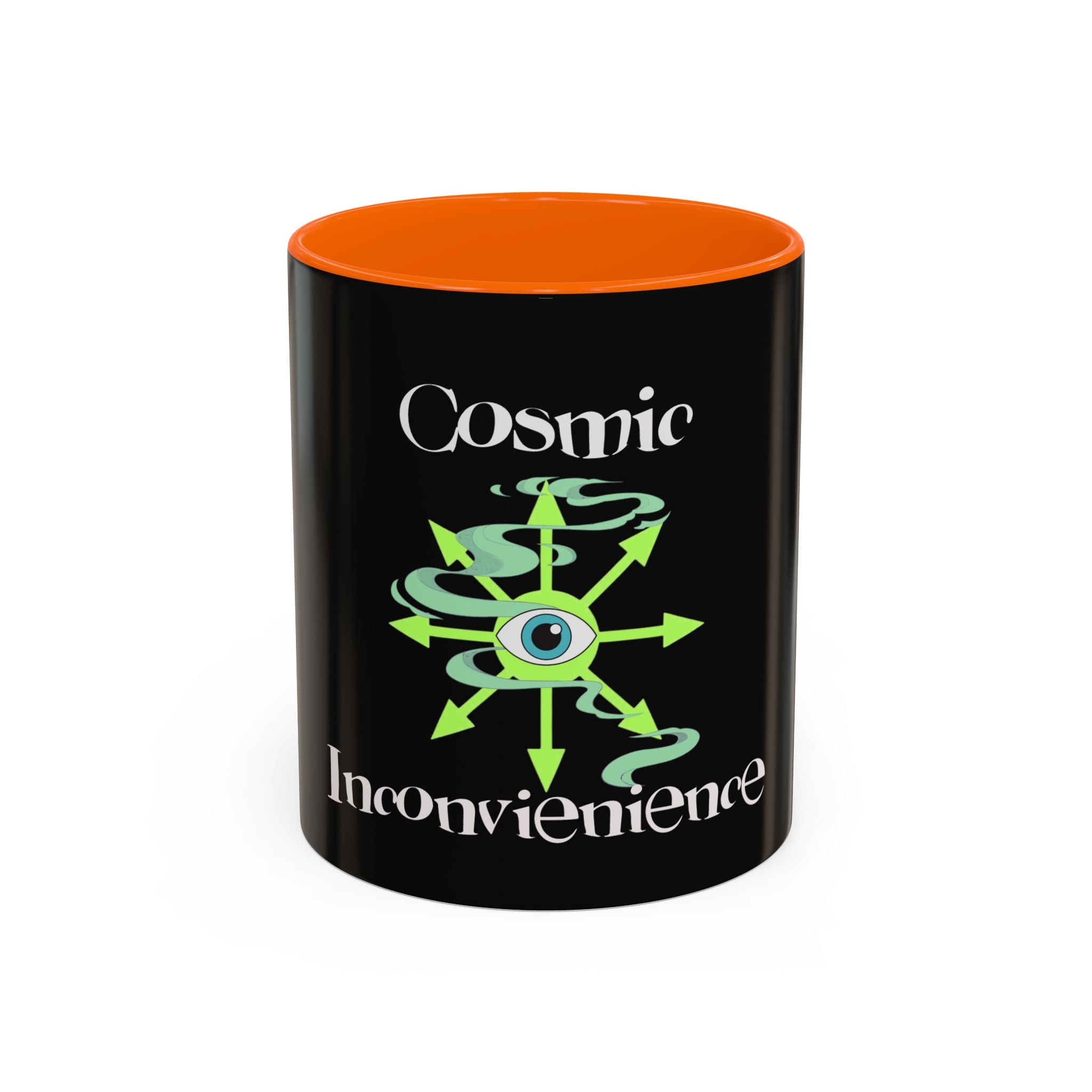 Cosmic Inconvenience Black Accent Coffee Mug — Mystical Eye Graphic (11/15oz)
