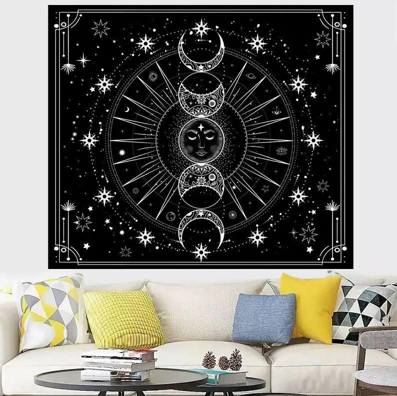 Psychedelic Black and White Sun Moon Wall Tapestry