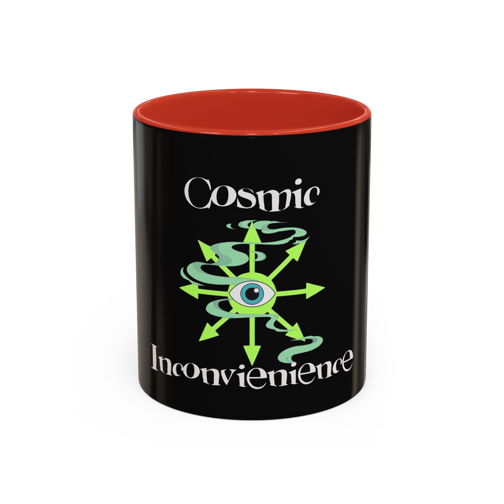 Cosmic Inconvenience Black Accent Coffee Mug — Mystical Eye Graphic (11/15oz)