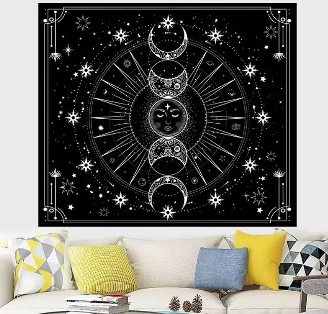 Psychedelic Black and White Sun Moon Wall Tapestry