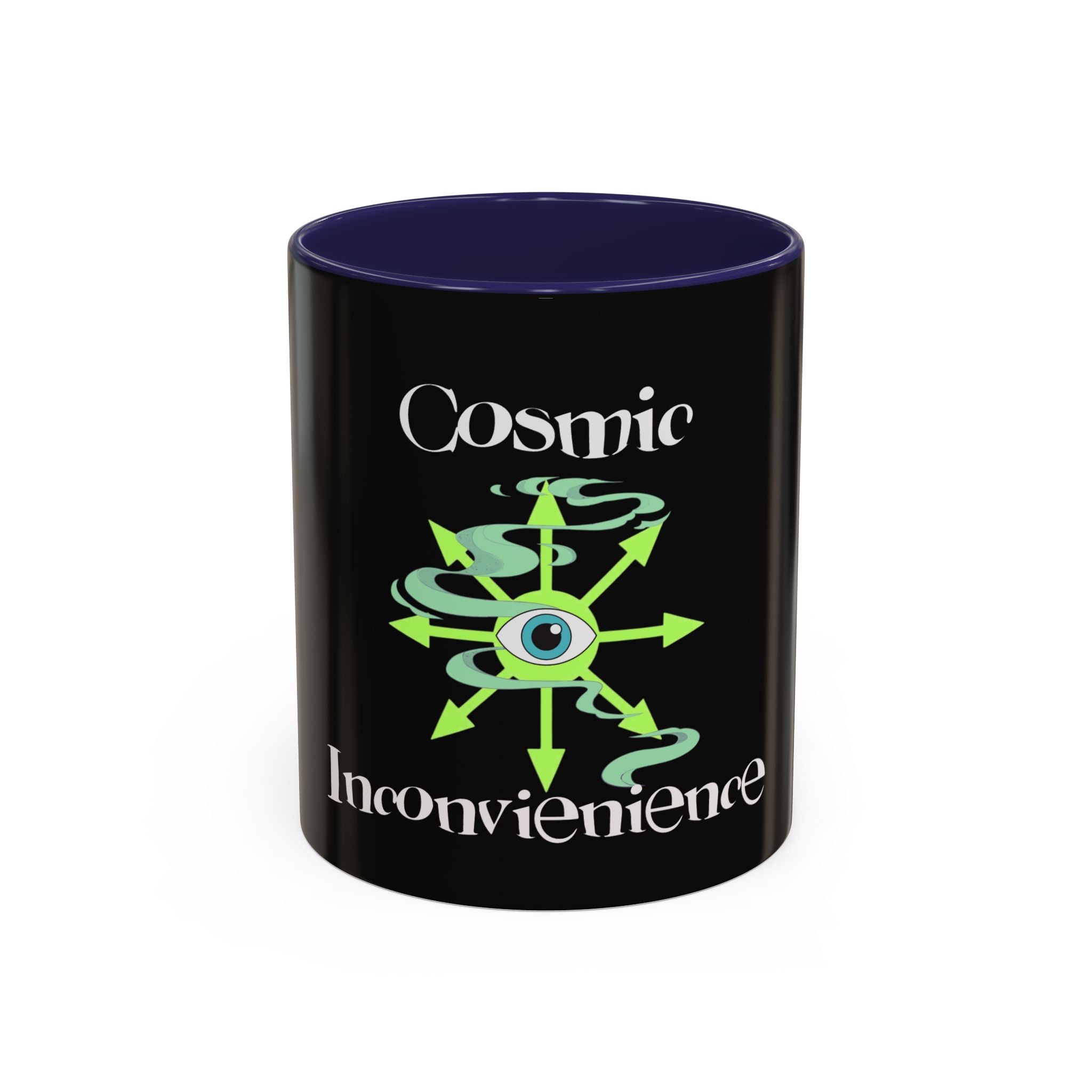 Cosmic Inconvenience Black Accent Coffee Mug — Mystical Eye Graphic (11/15oz)