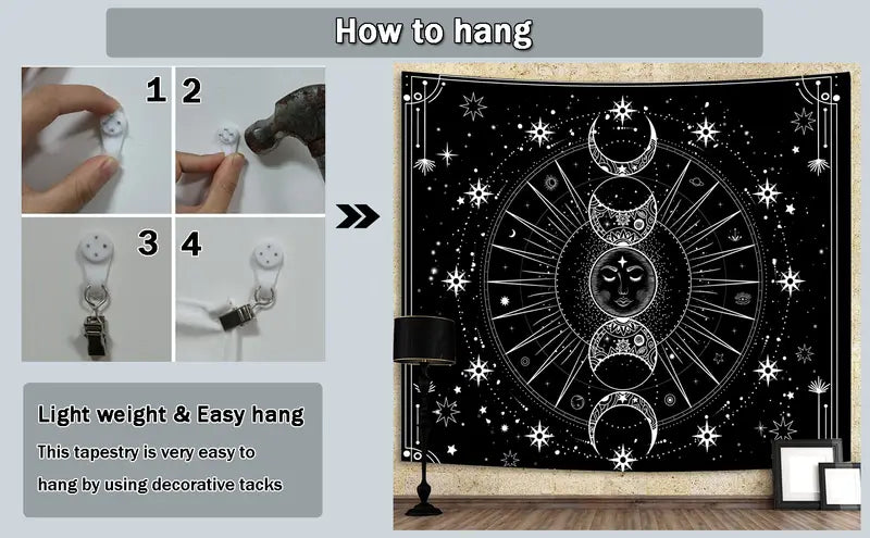 Psychedelic Black and White Sun Moon Wall Tapestry