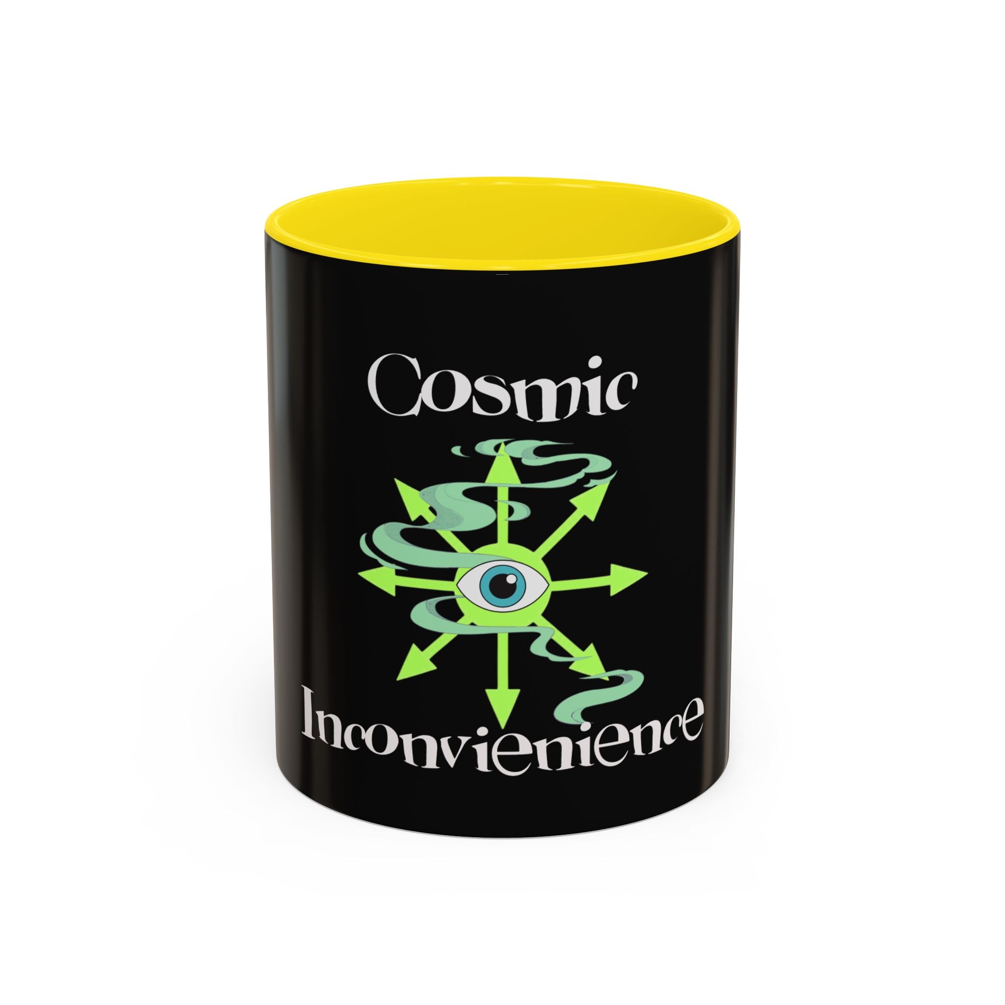 Cosmic Inconvenience Black Accent Coffee Mug — Mystical Eye Graphic (11/15oz)