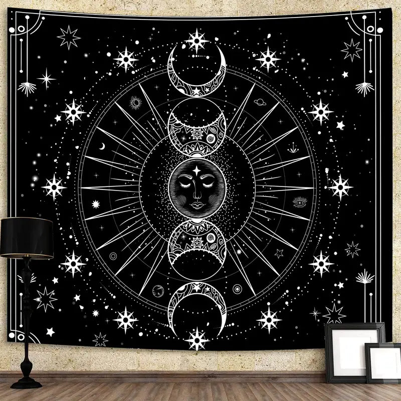 Psychedelic Black and White Sun Moon Wall Tapestry